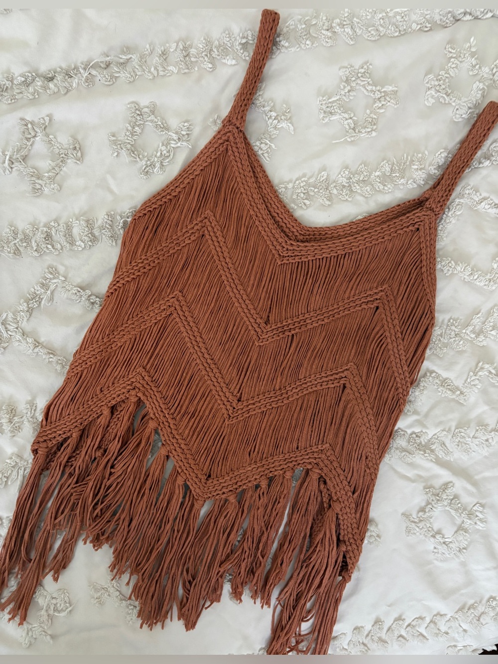 Copper Rust Tank Top Hand Woven Fringe Hem Crochet Zig Zag Weave and Hem Sz M - Picture 4 of 8